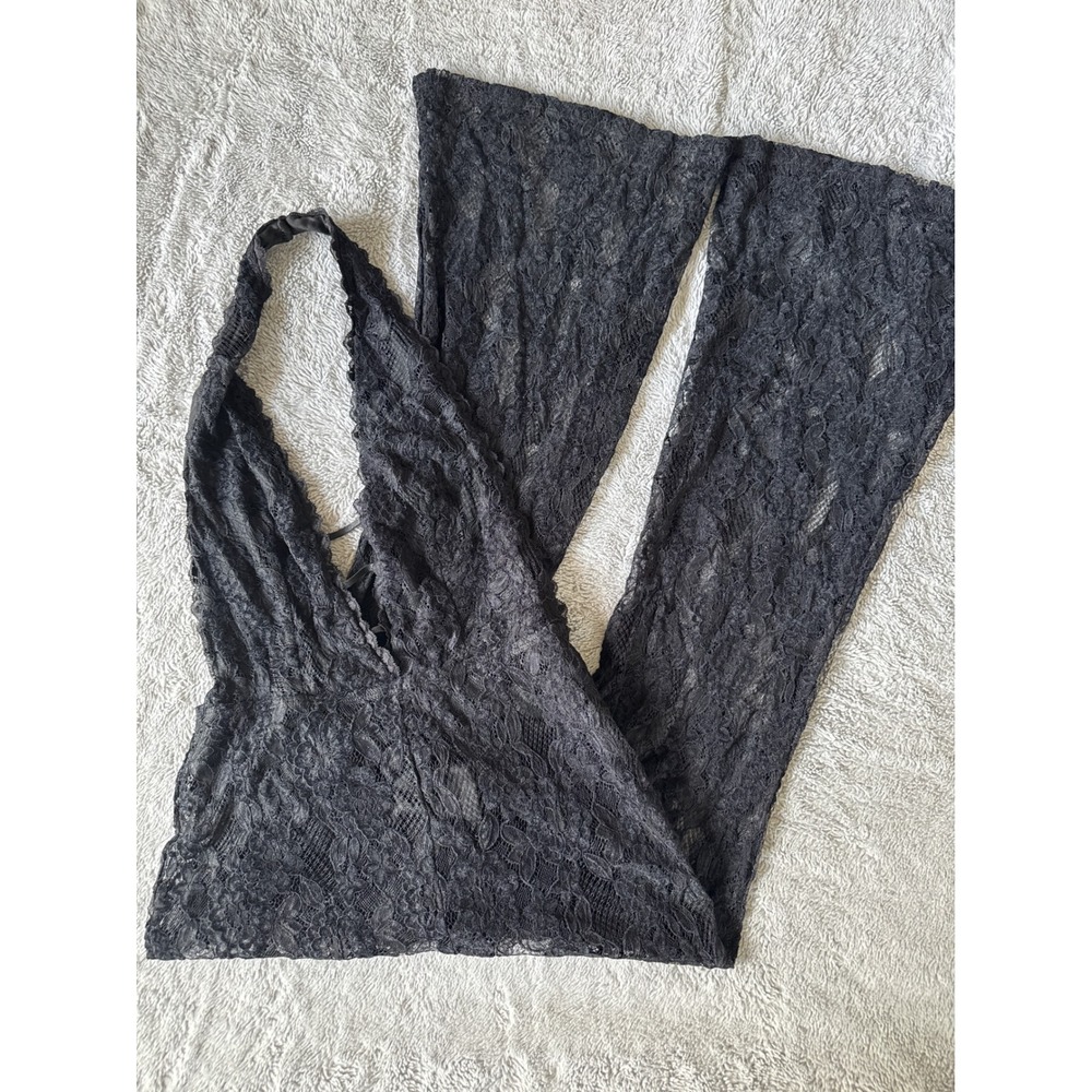SHEIN Black Floral Lace Halter Jumpsuit Sheer Wide Leg Plunging‎ Neck Small